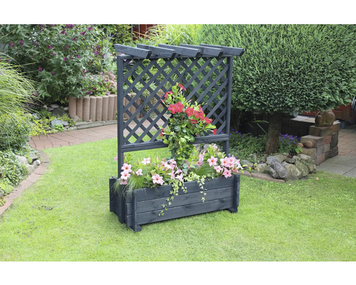 Jardinière avec treillis pour plantes promadino bois 102 x 65 x 140 cm anthracite Jardinière avec treillis sur une pelouse dans un jardin