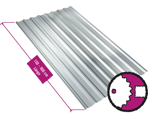 Panneau trapézoïdal pour toiture PRECIT W20LR galvanisé largeur fixe 1135 mm x épaisseur 0,5 mm (au mètre de 150 à 900 cm max.)