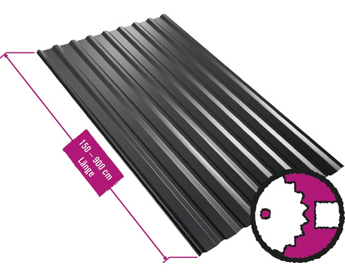 Panneau trapézoïdal pour toiture PRECIT avec intissé anti-condensation W20LV noir foncéRAL 9005 largeur fixe 1135 mm x épaisseur 0,5 mm (au mètre de 150 à 900 cm max.)