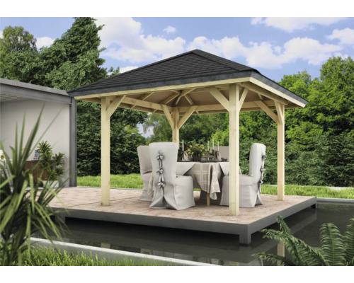 Pavillon Karibu Classic Achtrup 1 265x265 cm traité en autoclave par imprégnation Pavillon de jardin en bois avec table et chaises dans le jardin