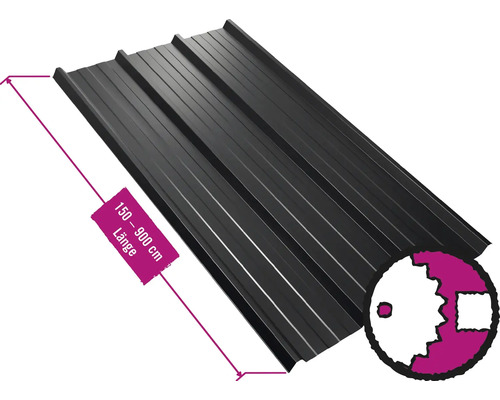 Panneau trapézoïdal pour toiture PRECIT avec intissé anti-condensation W45LV noir foncéRAL 9005 largeur fixe 1075 mm x épaisseur 0,5 mm (au mètre de 150 à 900 cm max.)