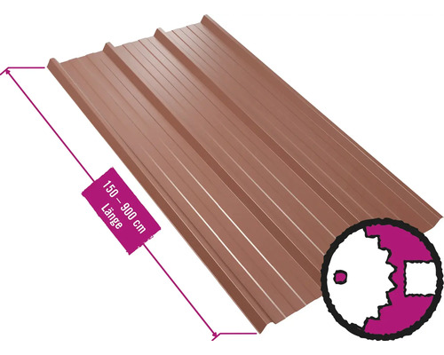 Panneau trapézoïdal pour toiture PRECIT W45LR brun rouge RAL 8012 largeur fixe 1075 mm x épaisseur 0,5 mm (au mètre de 150 à 900 cm max.)