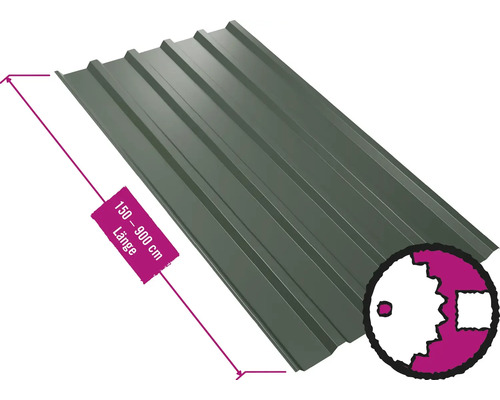 Panneau trapézoïdal pour toiture PRECIT avec intissé anti-condensation W35LV vert oxyde chromique RAL 6020 largeur fixe 1070 mm x épaisseur 0,63 mm (au mètre de 150 à 900 cm max.)