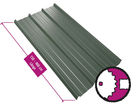 Panneau trapézoïdal pour toiture PRECIT avec intissé anti-condensation W45LV vert oxyde chromique RAL 6020 largeur fixe 1075 mm x épaisseur 0,5 mm (au mètre de 150 à 900 cm max.)