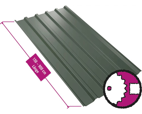 Panneau trapézoïdal pour toiture PRECIT avec intissé anti-condensation W35LV vert oxyde chromique RAL 6020 largeur fixe 1070 mm x épaisseur 0,75 mm (au mètre de 150 à 900 cm max.)