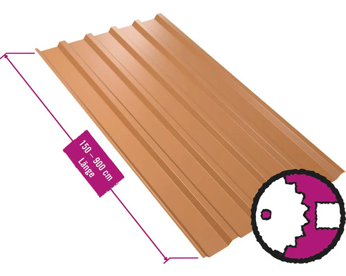 Panneau trapézoïdal pour toiture PRECIT avec intissé anti-condensation W35LV brun cuivré RAL 8004 largeur fixe 1070 mm x épaisseur 0,75 mm (au mètre de 150 à 900 cm max.)