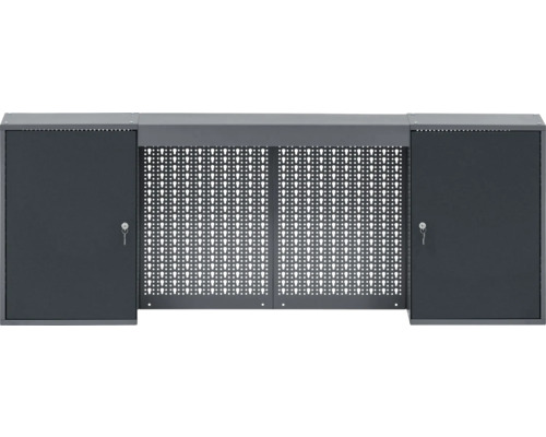 Garage à vélos avec deux portes verrouillables et une paroi en tôle perforée au centre.