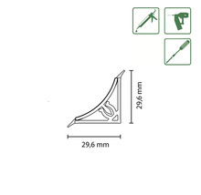 Eckelement mit den Maßen 29,6 mm x 29,6 mm und Montageanleitungssymbolen