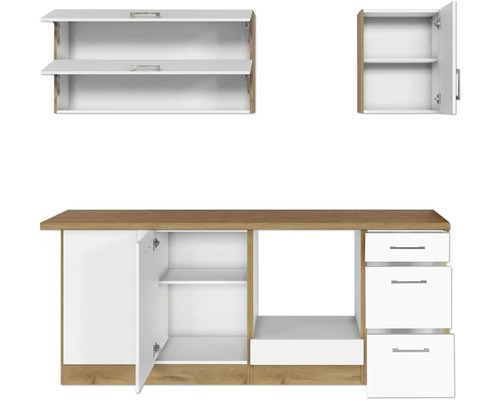 Küchenzeile mit Hängeschränken, Unterschränken und Schubladen