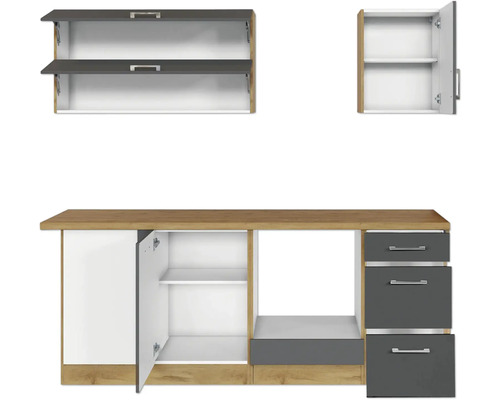 Küchenmöbel mit Hängeschränken, Unterschränken und Schubladen