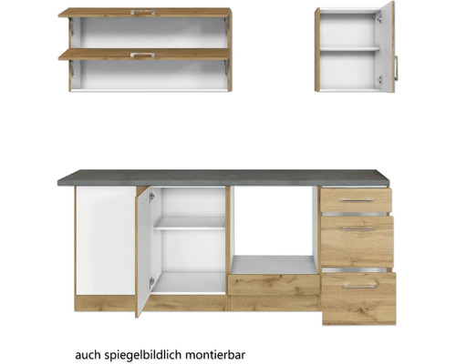 Küchenzeile mit Hängeschränken, Unterschränken und Schubladen