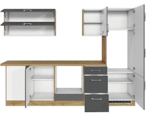 Küchenzeile mit Schränken, Schubladen und Arbeitsplatte