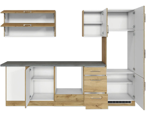 Küchenzeile mit Arbeitsplatte, Schubladen und Schränken