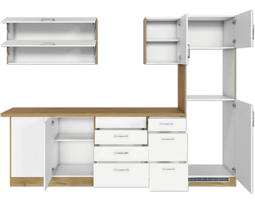 Küchenzeile mit Schubladen, Schränken und Regalen zur Küchenaufbewahrung