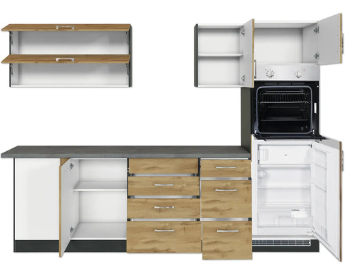 Cuisine linéaire avec éléments hauts, plan de travail, tiroirs et appareils intégrés