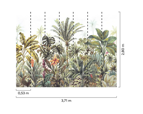 Tapete mit Dschungelmotiv und Maßangaben