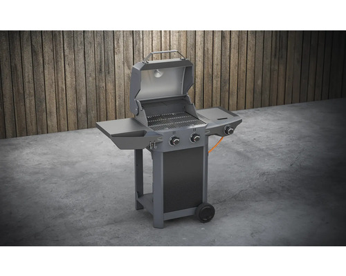 Gasgrill mit zwei Brennern, Ablageflächen und offenem Deckel