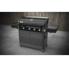Barbecue à gaz avec quatre brûleurs, tablettes latérales et meuble bas sur roulettes