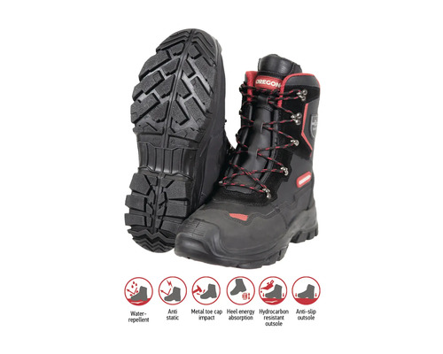 Bottes forestières Oregon avec matériau hydrofuge et antistatique, embout de protection, absorption d''énergie au talon, semelle extérieure résistante aux hydrocarbures et antidérapante.