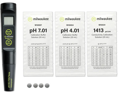 Testeur de pH Milwaukee, solution tampon pH 7.01, solution tampon pH 4.01 et solution d''étalonnage de conductivité
