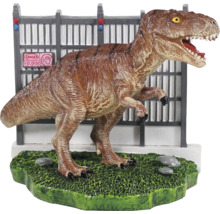Figurine de Tyrannosaurus Rex devant une clôture et un panneau d''avertissement