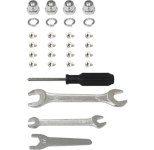 Montagesatz mit Schrauben, Muttern, Unterlegscheiben, Schraubendreher und Schraubenschlüsseln