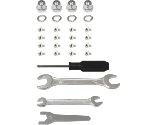 Montagesatz mit Schrauben, Muttern, Unterlegscheiben, Schraubendreher und Schraubenschlüsseln