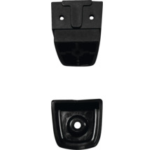 Schwarze Kunststoffhalterung zur Befestigung.