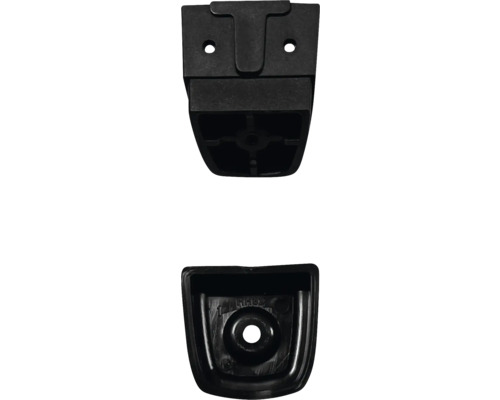 Schwarze Kunststoffhalterung zur Befestigung.