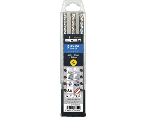 Alpen SDS-plus Bohrer Set mit drei Bohrern in den Größen 6, 8 und 10 mm, Länge 160 mm