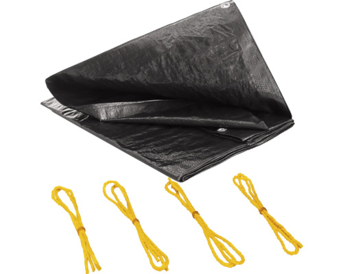 Schwarze Abdeckplane mit Befestigungsseilen