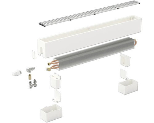 Vue éclatée d''un radiateur avec couvercle, boîtier, batterie de chauffage et matériel de raccordement