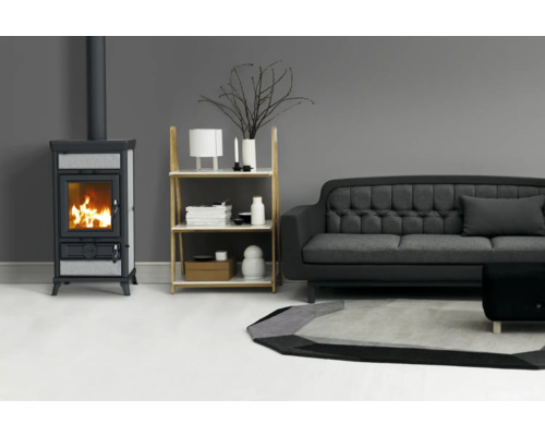 Wohnzimmer mit Kaminofen, Regal und Sofa