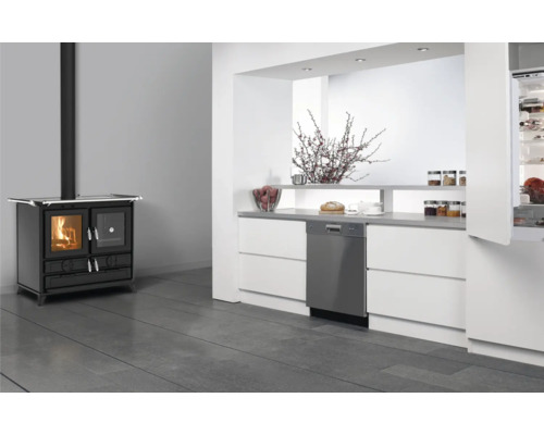 Moderne Küche mit Holzofen, Spülmaschine und Kühlschrank