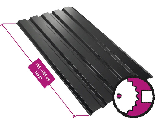 Panneau trapézoïdal pour mur PRECIT W35LA noir foncé RAL 9005 largeur fixe 1070 mm x épaisseur 0,5 mm (au mètre de 150 à 900 cm max.)