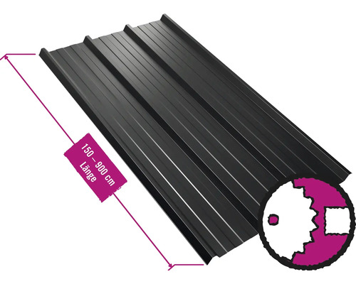 Panneau trapézoïdal pour toiture PRECIT W45LR noir foncé RAL 9005 largeur fixe 1075 mm x épaisseur 0,5 mm (au mètre de 150 à 900 cm max.)