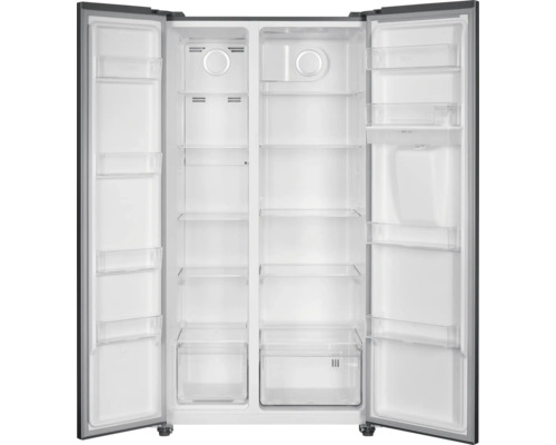 Réfrigérateur combiné américain ouvert avec étagères et tiroirs