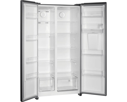 Réfrigérateur côte à côte ouvert avec étagères et tiroirs.