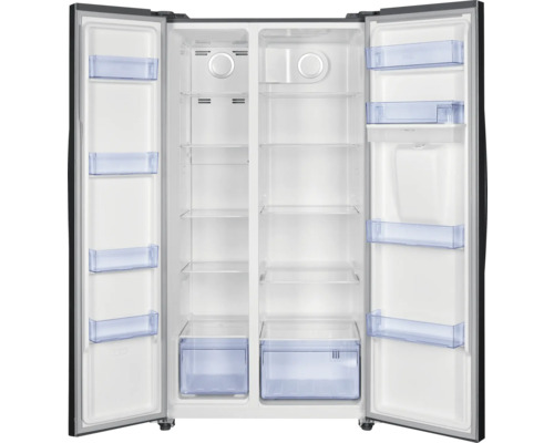 Réfrigérateur côte à côte ouvert avec étagères et tiroirs