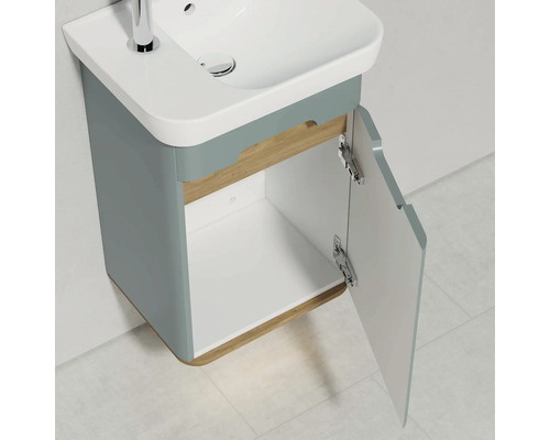 Meuble sous-lavabo avec porte ouverte dans la salle de bain