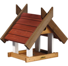 Mangeoire en bois avec toit rouge et logo Dōbar