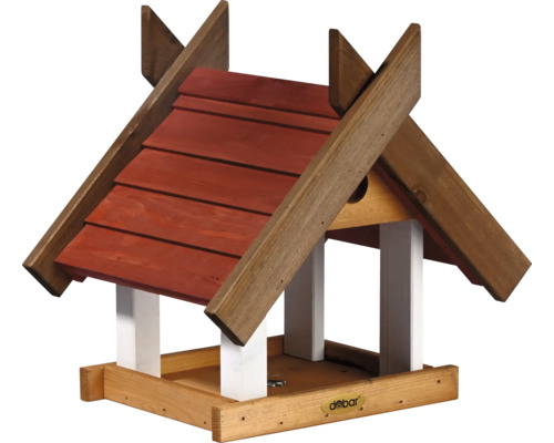 Mangeoire en bois avec toit rouge et logo Dōbar