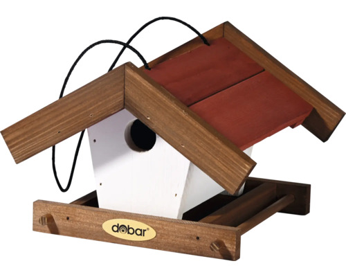 Vogelhaus aus Holz mit Aufhängung und Futterstelle