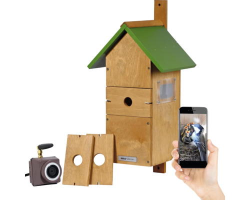 Nichoir dobar Karsten avec toit pointu y compris caméra WiFi env. 25,5 x 22,5 x 53 cm avec tailles d’orifice d’accès interchangeables Ø28 mm, Ø32 mm, Ø35 mm et semi-ouvert Nichoir avec caméra, smartphone et trous d''envol supplémentaires