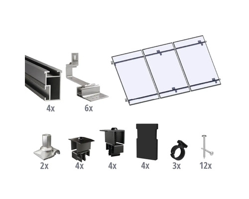 Kit de montage noir pour 3 modules photovoltaïques (3x1) sur toiture inclinée/toiture en tuile y compris 2x rails de montage de 3650 mm