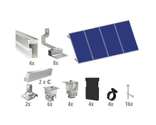 Kit de montage pour 4 modules photovoltaïques (4x1) toiture inclinée/toiture en tuile y compris 4x rails de montage de 2400 mm