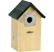 Vogelhaus aus Holz mit schwarzem Dach und rundem Eingangsloch