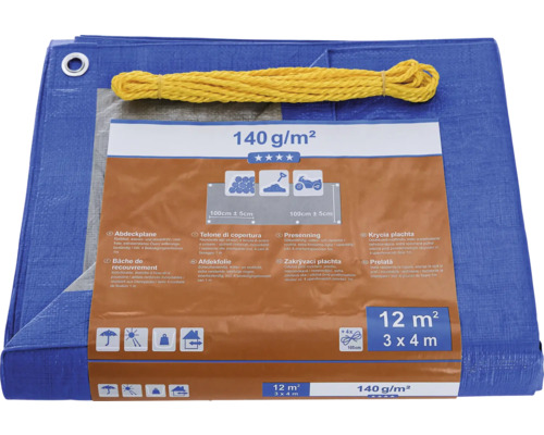 Bâche de protection bleue avec corde jaune et informations sur le produit