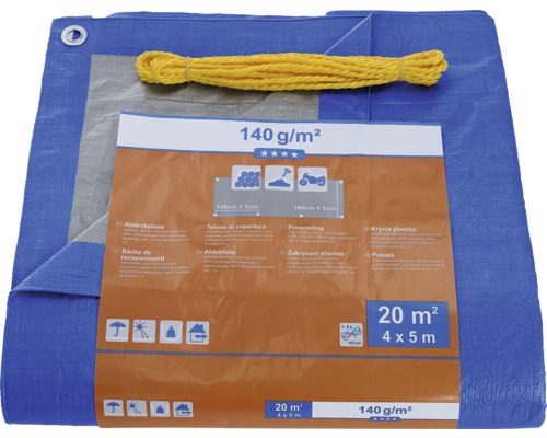 Bâche de protection bleue avec corde jaune et informations sur le produit