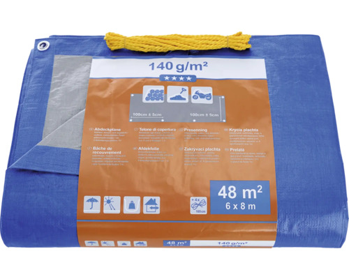 Bâche de protection bleue avec un grammage de 140 grammes par mètre carré et corde jaune